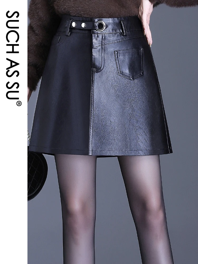 

High Waist Leather Skirt New Fashion Fall Winter PU Pockets England Style Mini A Line Skirts M-5XL Plus Size Black Skirt Female