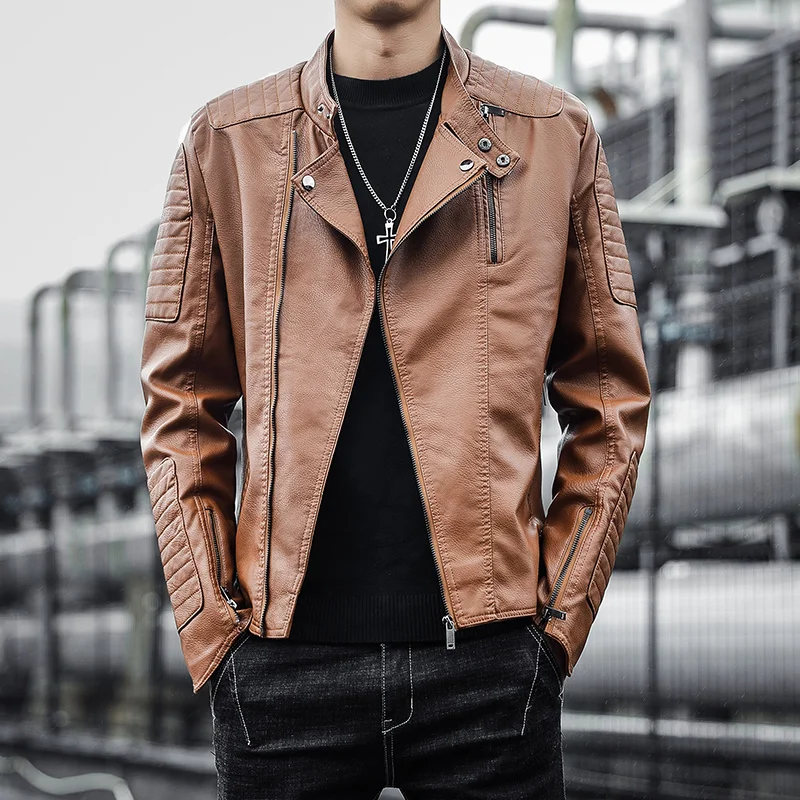 Men's Winter Fleece Motorcycle Jacket New Zipper Stand-up Collar Warm Slim Fashion Men's Clothing Artificial PU Leather Jacket brown biker jacket Casual Faux Leather