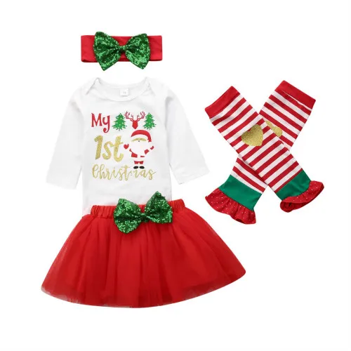 My 1st Christmas Newborn Baby Girl Long Sleeve Cotton Bodysuit Tops Tutu Bow Skirt Headband Leg Warmer 4PCS Xmas Clothing Set - Цвет: B