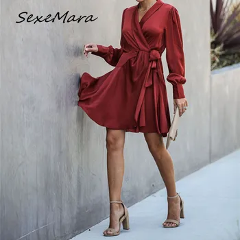 

2019 New Fashion Autumn V-neck Elegant Women Dress Casual Lace Up Sashes Loose Midi Dress