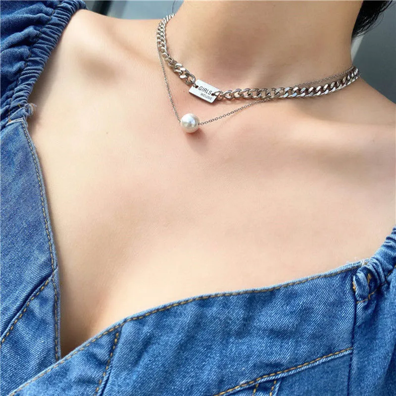 Stainless Steel Choker Necklace for Women Letter Engraved Nameplate Charm Chocker Girls Pearl Pendant Statement Jewelry | Украшения и