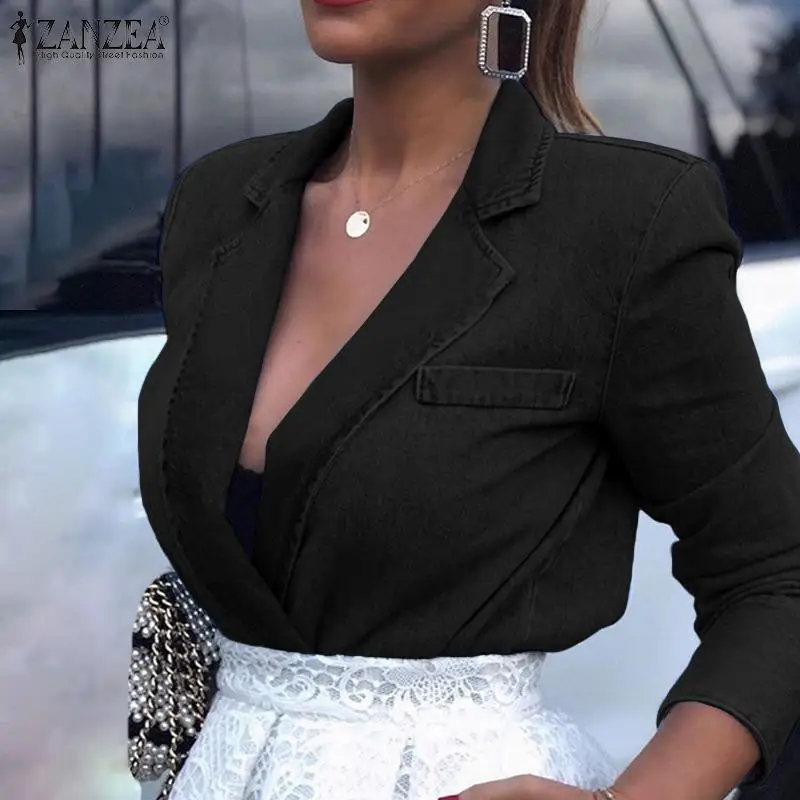 

ZANZEA Women Blazers 2019 Autumn Lapel Neck Blazer Office Work Lady Casual Denim Blue Suits Overcoats Outwear Long Sleeve Coats