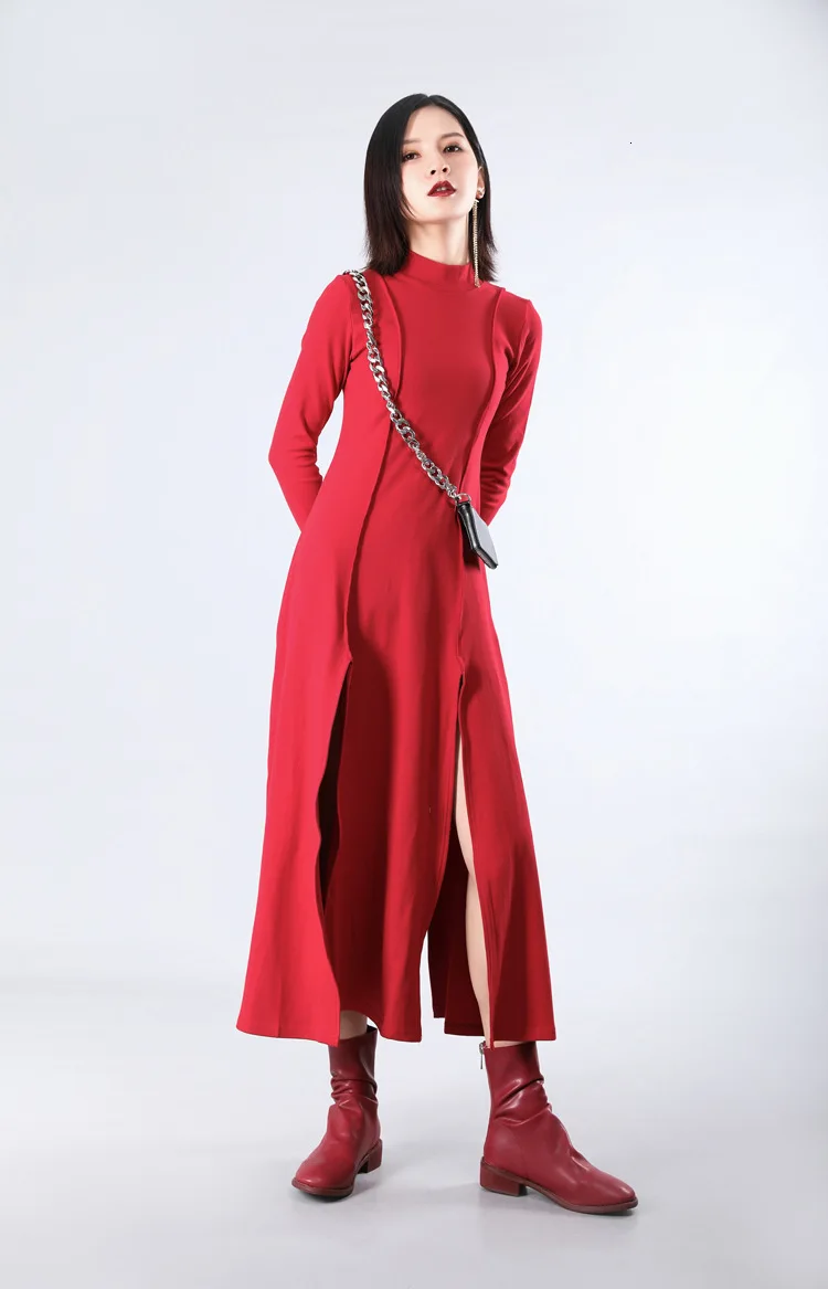 [EAM] Women Dress New Stand Neck Long Sleeve Loose Fit Split Joint Spliced Sheath Temperament Fashion Spring Autumn JZ343