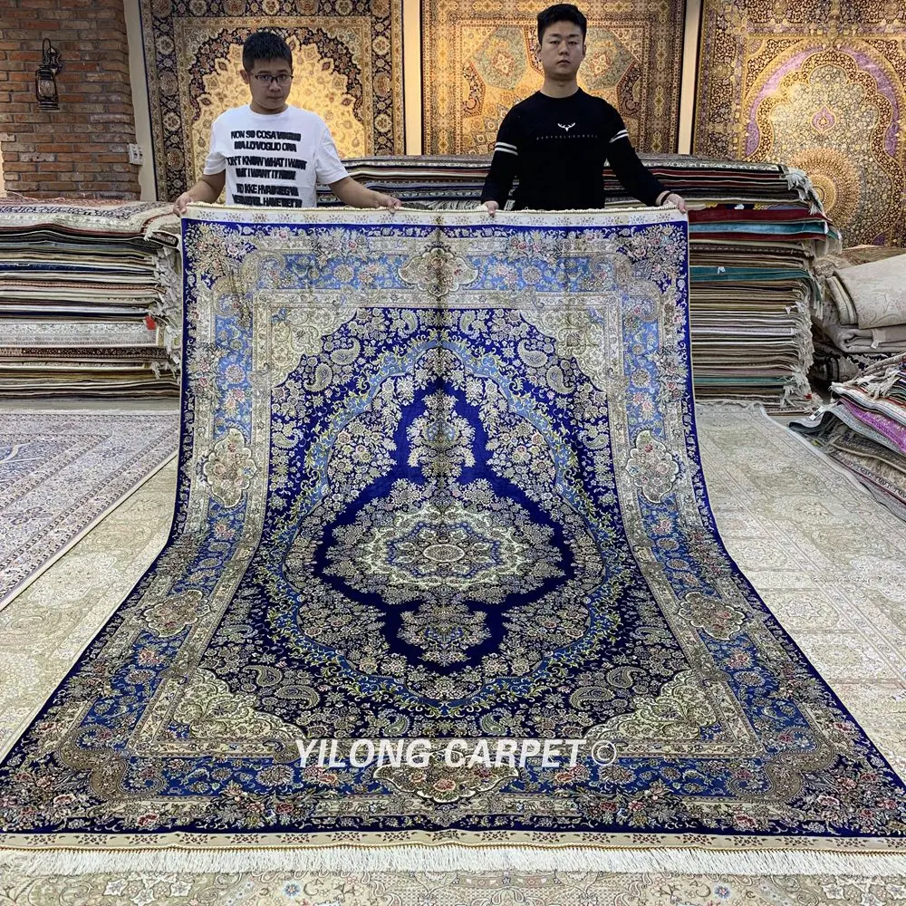 Yilong 6'x9' с классными клепками в виде persain ручной работы темно-синие ковер для спальни традиционный шелковый ковер (SL188A)