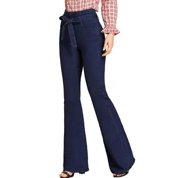 

Navy Tie Waist Flare Jeans Woman Denim Trousers Vintage Women Clothes 2018 Fall High Waist Pants Belted Stretchy Jeans