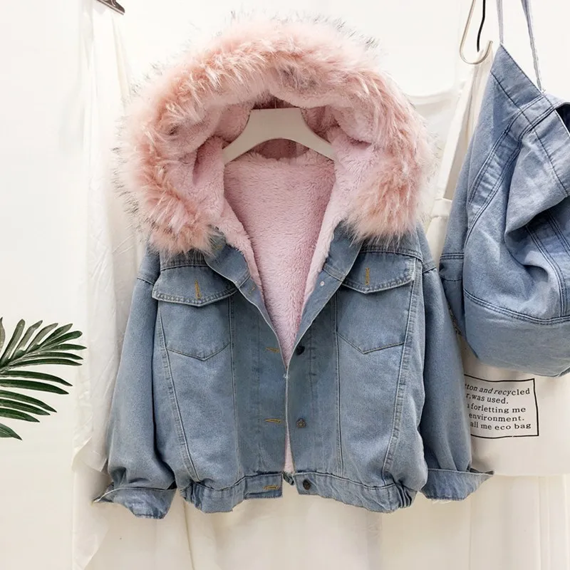 Зимняя Вельветовая Толстая джинсовая куртка для женщин с большим меховым воротником, корейское локомотивное пальто из овечьей шерсти, студенческое короткое пальто, джинсовая куртка для женщин - Цвет: Розовый