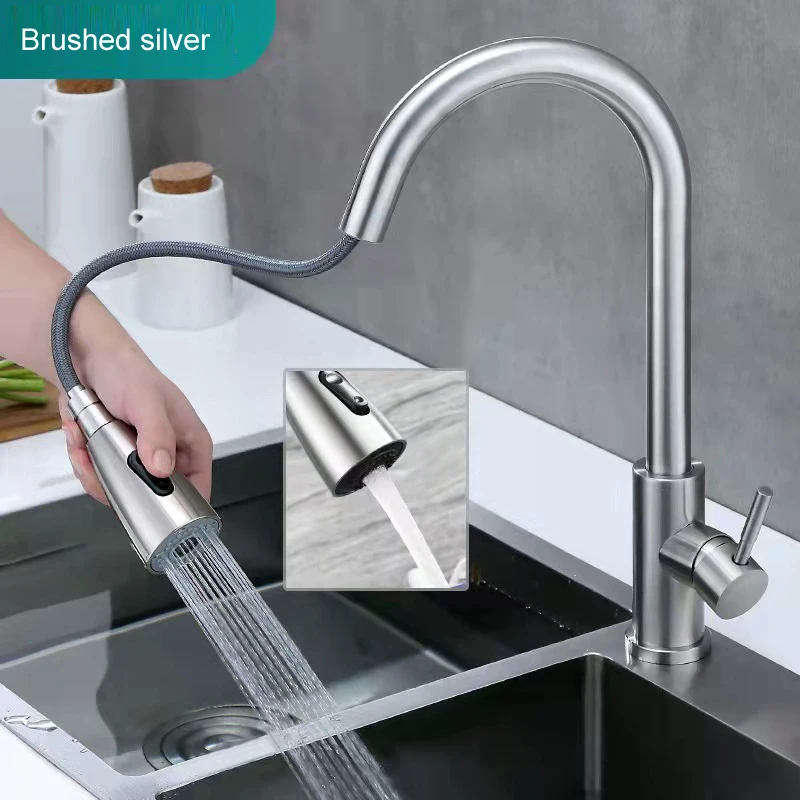 Kitchen Faucet Single Hole Pull Out Spout Kitchen Sink Mixer Tap Stream Sprayer Head Brushed Nickel Silver Black Mixer Tap