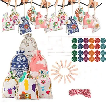 

Christmas Pattern Candy Bag 1-24 Digital Bundle Cotton Linen Gift Bag Christmas New Year Ornaments