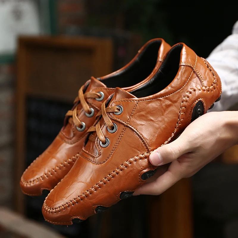 Genuine Leather Men Walking Shoes Outdoor Fashion Garden Casual Shoes Mens LightWeight Large Size 38-46 Travel Trekking Shoes