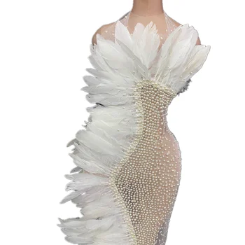 

Sexy Outfits Off Shoulder Celebrate Dress Women Stage Wear Feather Solid Color Evening Party Dress Sleeveless Maxi Dress Vestdio