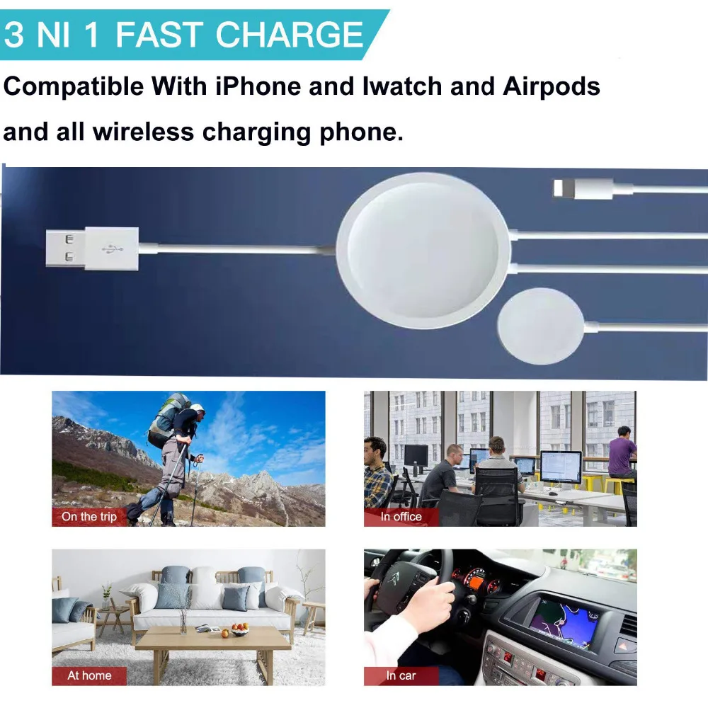 3 в 1 магнитное Беспроводное зарядное устройство для Airpods Apple Watch Series 1 2 3 4 USB кабель для быстрой зарядки для iPhone 6S 7 8 Plus X XS iPad