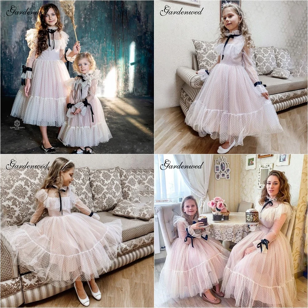 Polka-dot Tulle Flower Girl Dresses Illusion Long Sleeves Girl Wedding Party Dress Ribbons Communion Dress Birthday New Year