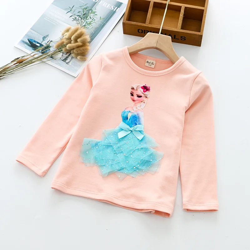 Новая Осенняя футболка принцессы для девочек Детские хлопковые футболки Эльзы Кружевная футболка детская Праздничная футболка с аппликацией в виде 3D Анны - Цвет: pink - Elsa