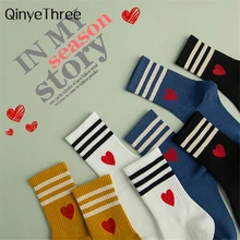 INS/Новинка; Ulzzang носки для девочек в стиле Харадзюку с красными сердечками и тремя полосками; забавные хипстерские носки для скейтборда, студенческого колледжа