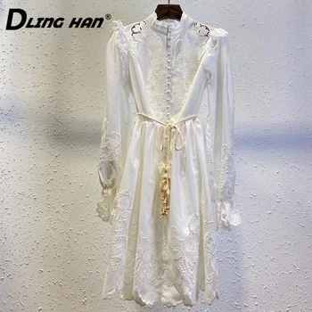 

DLINGHAN Fashion Floral Embroidery Dress Sexy Hollow Out Flared Sleeves Single-Breasted Stand Collar Linen Dresses Autumn New