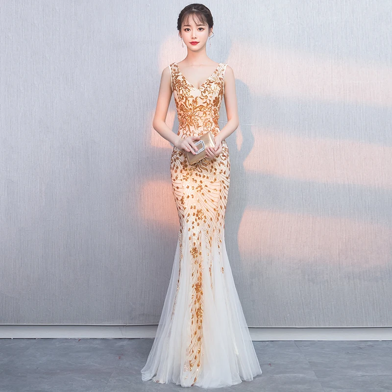 Golden Robe de soiree, Золотое Элегантное Длинное Платье с v-образным вырезом, украшенное бисером, платья с аппликацией, вечерние платья русалки, вечерние платья для выпускного вечера - Цвет: Golden