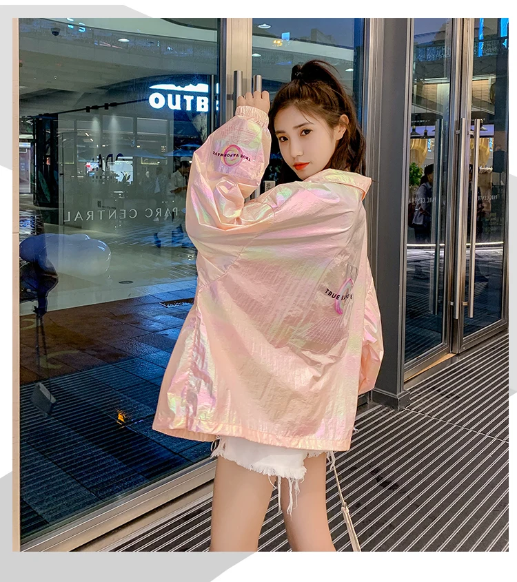 YUANYUANJYCO summer thin woman jacket reflective colorful with a zipper long sleeve fashion white pink jackets for women coats