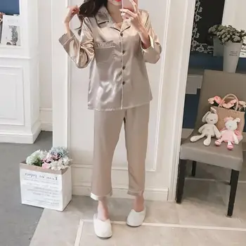 

2PCS/Set Women Lapel Imitation Silk Long Sleeve Home Wear