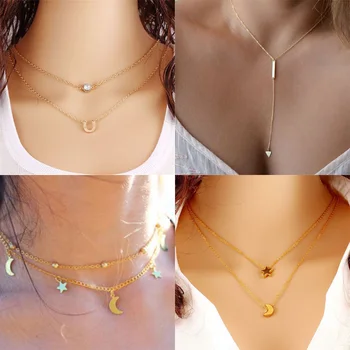

Women's Moon Star Pendant Minimalist Clavicle Choker Necklace Gold Silver Long Chain Boho Jewelry Simple