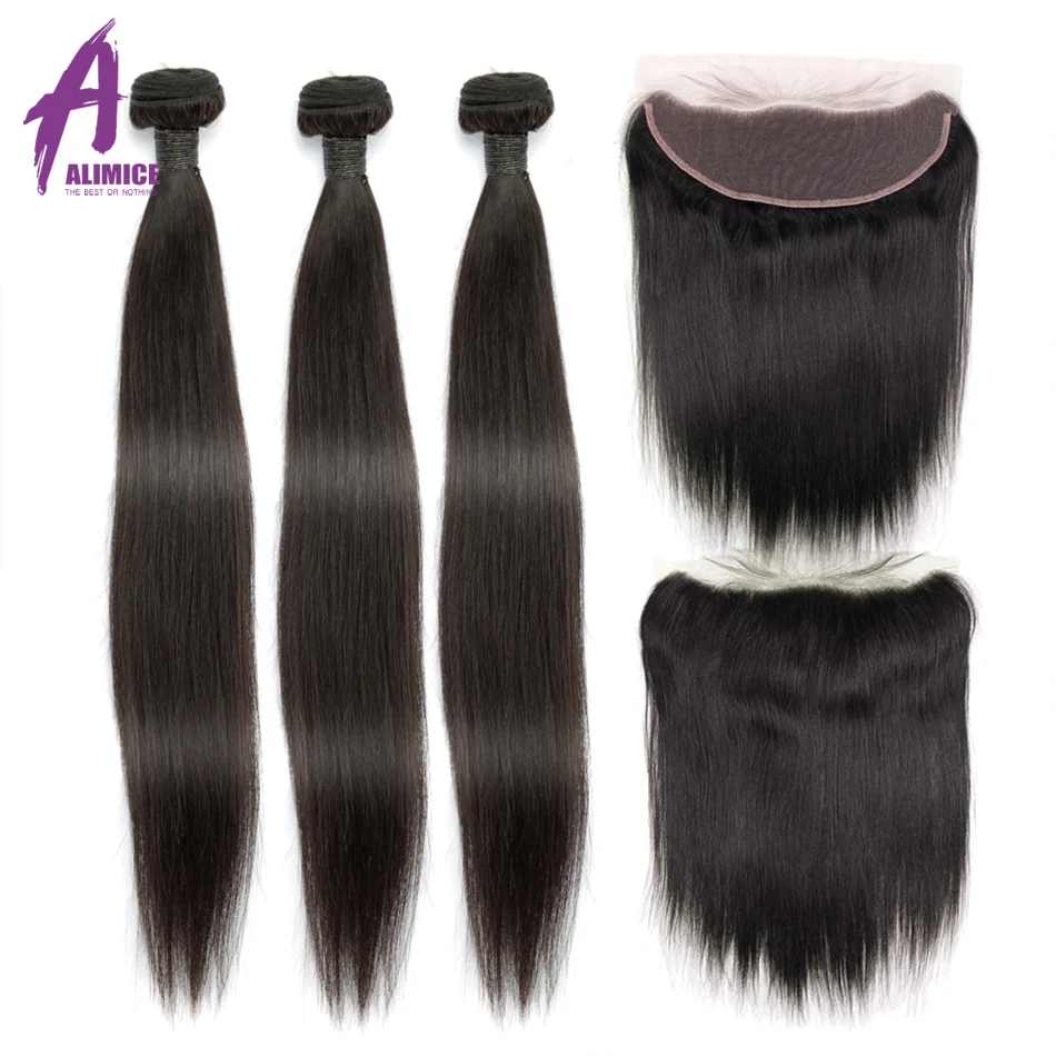 

Brazilian Straight Hair Bundles With Frontal Natural Human Hair Bundles With Closure 13×4 Ear To Ear Pre Plucked Alimice Remy