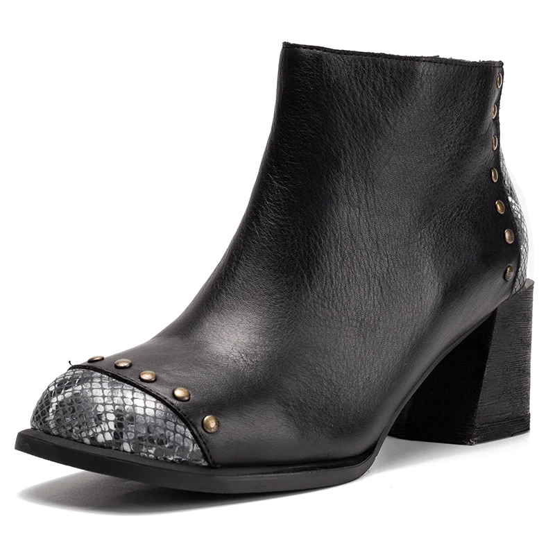 

Autumn Fashion Rivet Ankle Boots For Women Genuine Leather Shoes Woman Booties Snake Print High Heels Chelsea Boots Botas Mujer