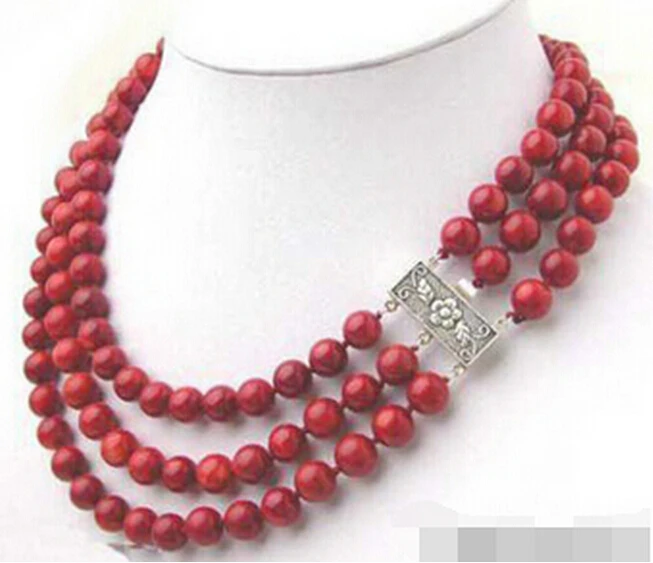 +++905 3 Rows 8 mm Red Coral Beads 18KWGP Flower Clasp Necklace | Украшения и аксессуары