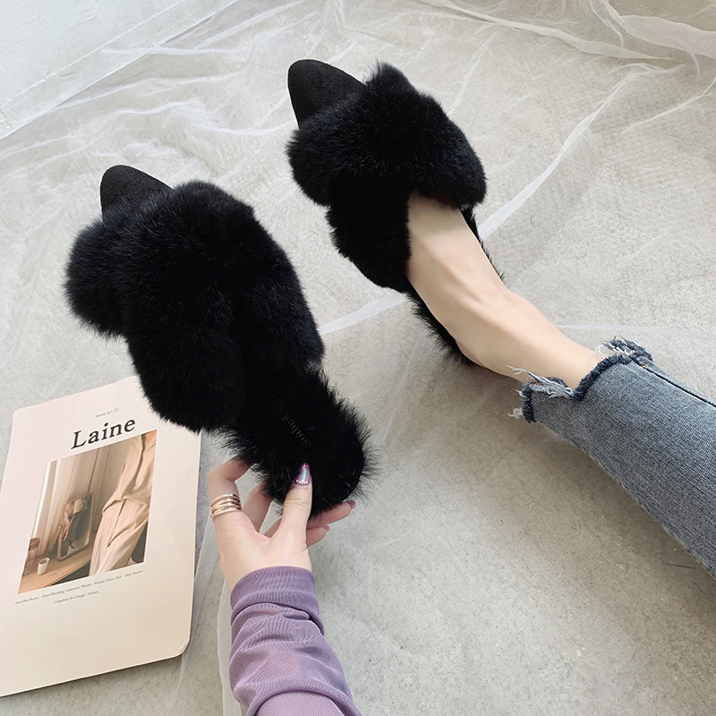 

Shoes Loafers Flat Slippers Pokemon Plush Flock Slides Cover Toe Fashion Low Fur 2019 Luxury Soft Rome Basic PU Rubber
