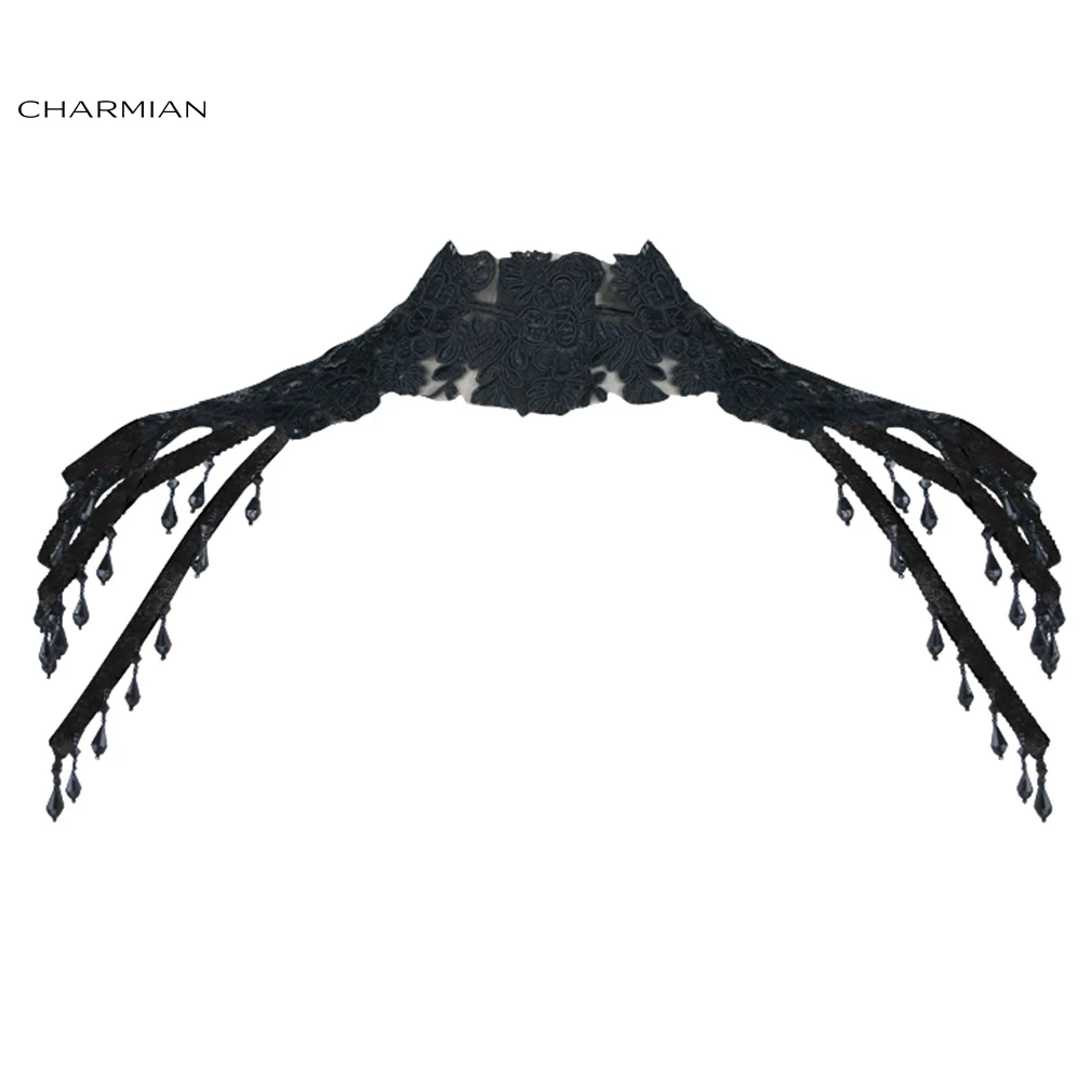 Charmian Victorian Gothic Black Lace High Neck Beaded Shoulder Chain Cape Sexy Corset Collar Shrug Jewellery Choker Accessories