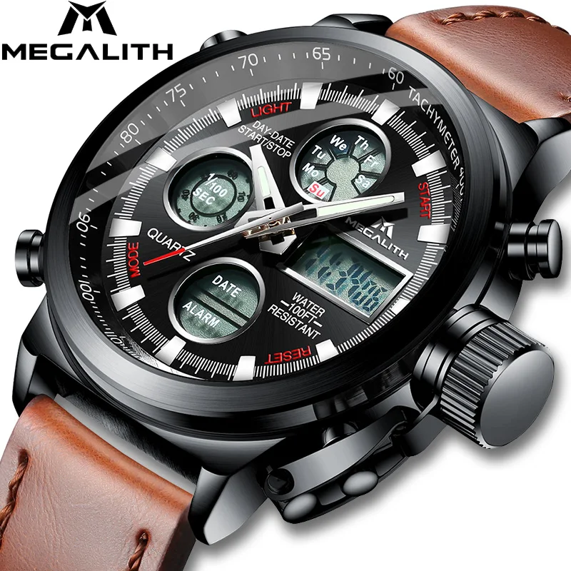 MEGALITH Роскошные мужские часы Reloj спортивные двойной светодиодный дисплей