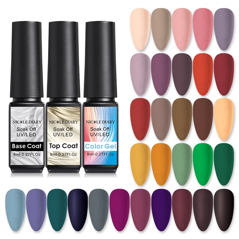 

NICOLE DIARY 8ML Nail Gel Polish Matte Top Base Coat Semi Permanent Gel Lacquer UV Led Gel Varnish Manicure Decoration 56 Colors