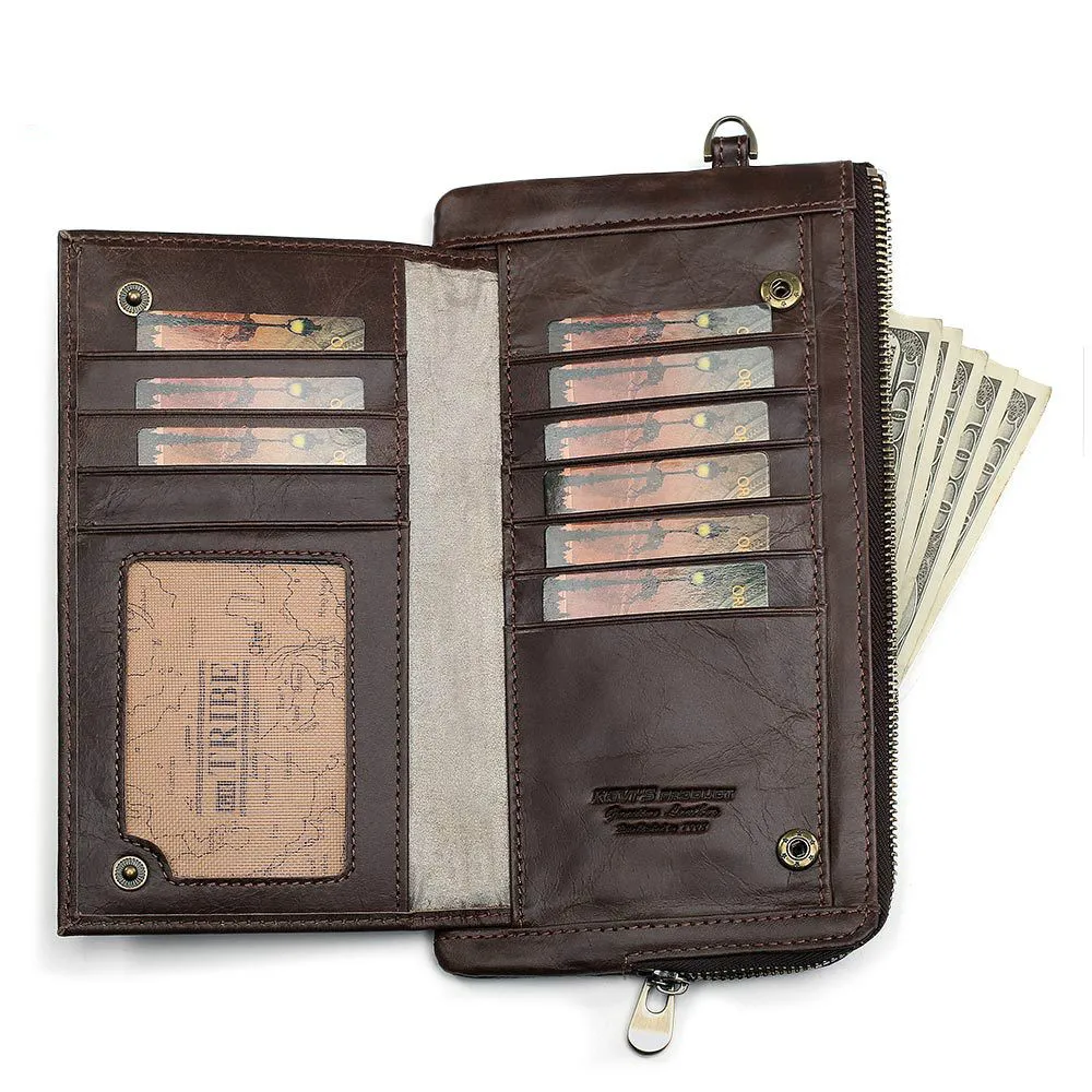 

Genuine Leather Men Wallet Crazy Horse Cowhide Male Vintage Handmade Long Slim Thin Wallets Purse Card Holder Carteira