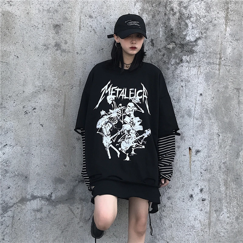 Woherb Harajuku Свитшот женский черный поддельный 2 шт толстовки в полоску с принтом