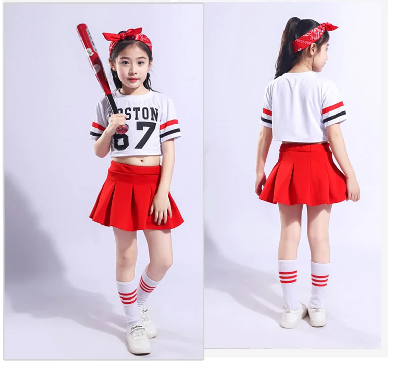 Children stage dance girl Hip Hop Costume Short-sleeve T-shirt red skirt jazz Costume cheerleader dress wear sock kid