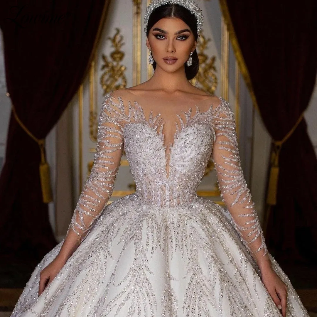 Glitter Muslim Wedding Dresses Long Sleeves Arabic Luxury A Line