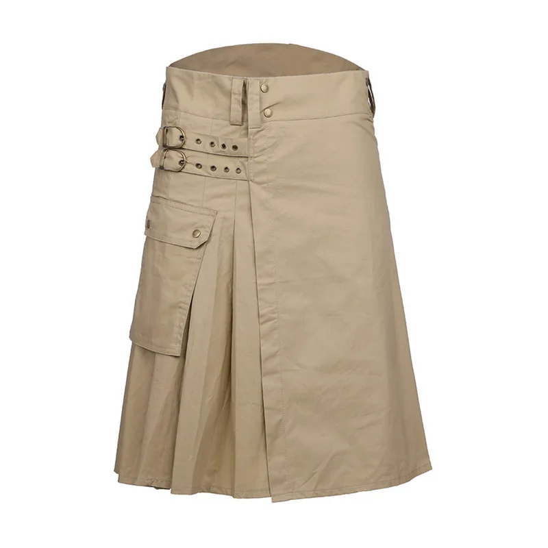 SHUJIN Adjustable Waist Men Casual Skirt Pant Solid Plaid Punk Hip-hop Avant Garde Men Fashion Trousers Scottish Kilt - Цвет: khaki