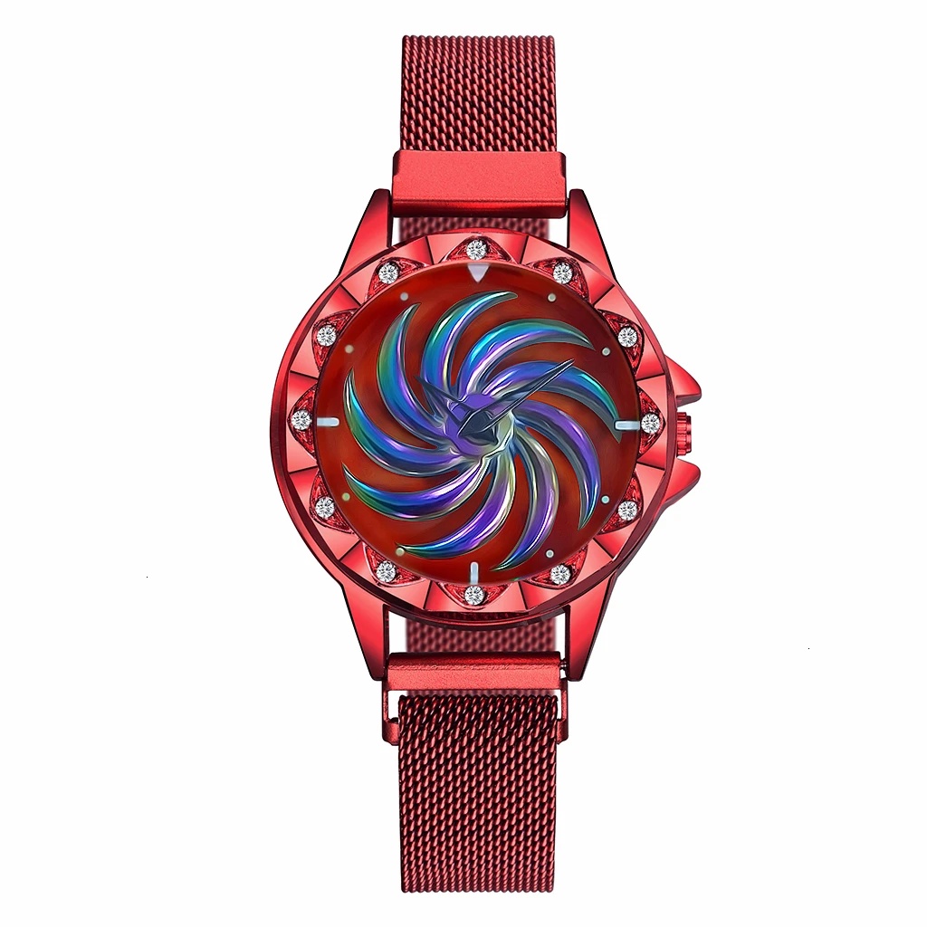 Женские вращающиеся часы с магнитной пряжкой роскошные женские кварцевые часы из нержавеющей стали Relogio Feminino - Цвет: red