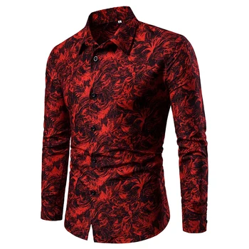 

Autumn and Winter Men's Shirt Printed Casual Long Sleeved Shirt Slim Fit Male Social Dress Shirt Men W1