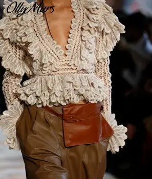 

2020 Fall Winter High quality layer lace women blouse long sleeve deep v female blouse tops Sweet Sexy Club Party Women Tops