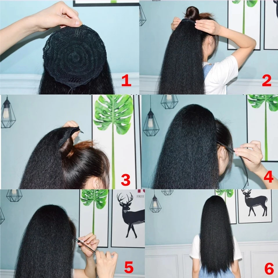 22inch Yaki Long Afro Puff Ponytail Kinky Natural Synthetic Kinky Straight Drawstring Ponytails With Elastic Band Fake Hair Extensions