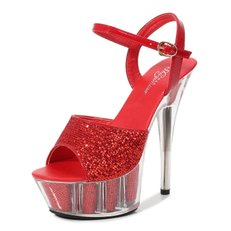 

Hate sky high club super high heels sandals, 15 cm walk show pole shoes, crystal bottom waterproof platform sandals