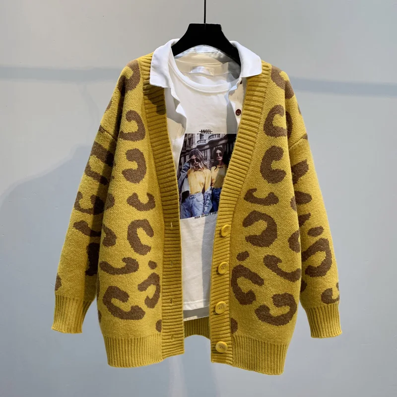 Best Price 2019 winter new leopard women sweater and cardigan v-neck thicken warm outwear coat tops fashion all match casual elegant coats