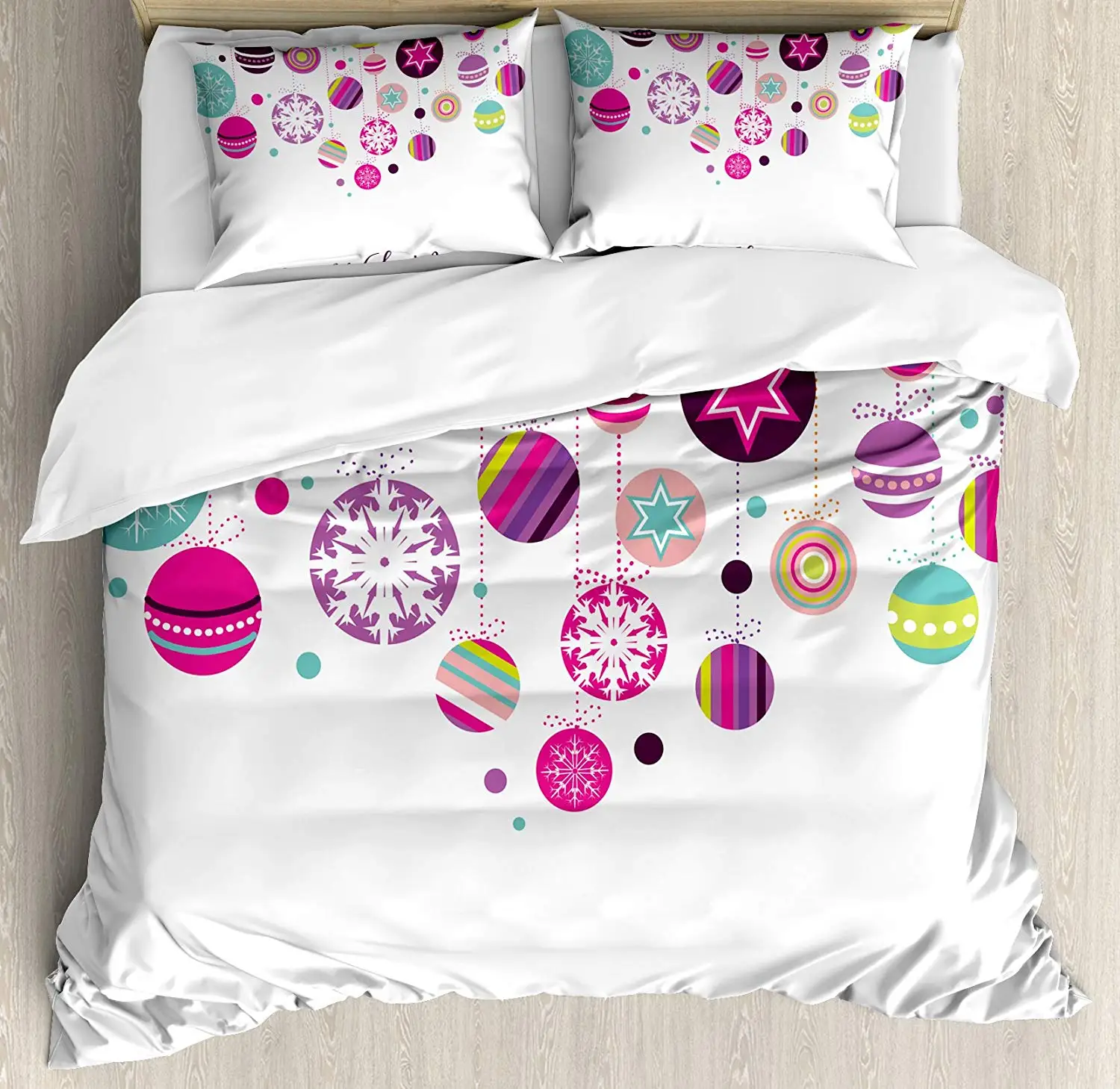 Christmas Duvet Cover Set Colorful Graphic Baubles with Retro Snowflake Ornaments Celebration Hand Writing Decorative 3 Piece | Дом и сад