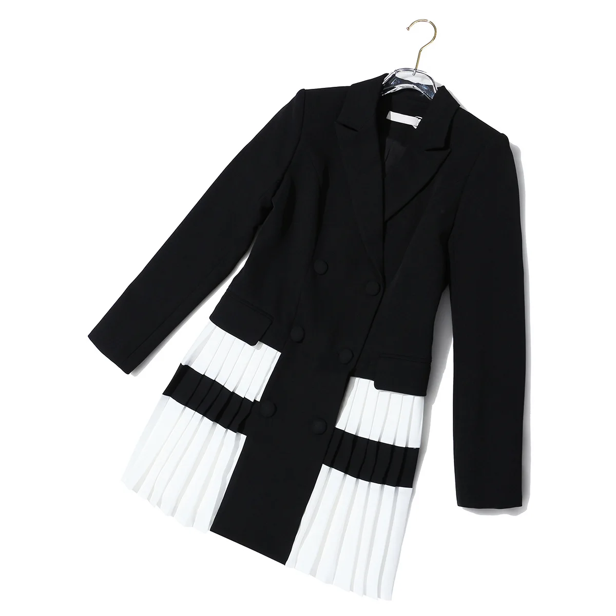 Romantic Heavy Work Blazer Pleated Stitching Black and White Contrast Hem Dress Blazer Women Female 2020 Mid-Length Long Sleeve