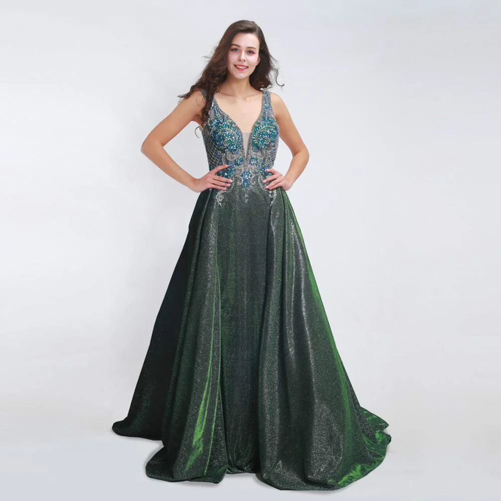 

Prom Dresses Elegant Long 2019 Sexy V-neck Backless Beading Shiny A-line Evening Gowns Plus Size