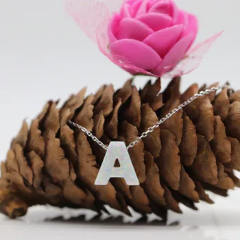 

(1pc/lot) Free Shipping White Letter A Synthetic op17 white Opal letter Pendant Necklace with O chain necklace For Women Gift