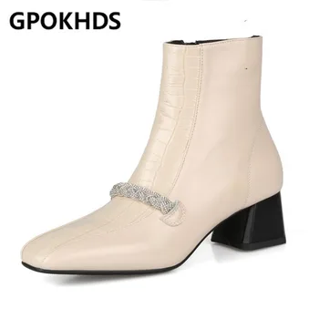 

GPOKHDS 2021 women soft ankle boots cow leather zippers boots winter short plush square toe high heels women boots