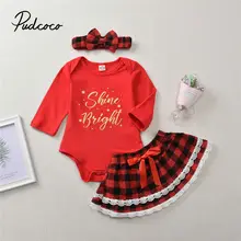 Pudcoco/ г., модные боди для новорожденных девочек с надписью, топы+ клетчатая юбка-пачка+ повязка на голову с бантом, Рождественский комплект одежды на Рождество