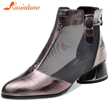 

Karinluna 2020 New Design Genuine Cow Leather Mesh Comfortable Shoes Woman Boots Female Strange Style Zip Up Summer Boots Women