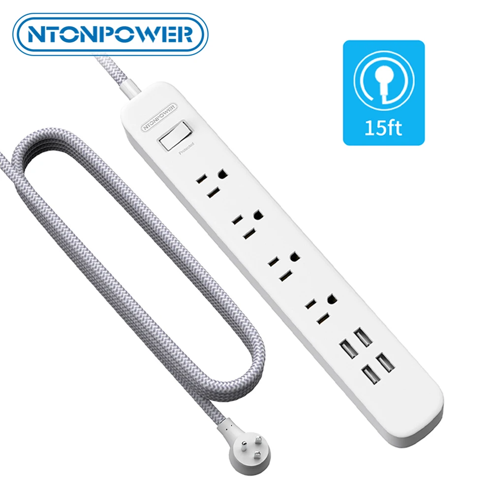 

NTONPOWER US Plug Outlet Extension Universal Power Strip Extra Long Extension Board White Braided Line For Nightstand Home