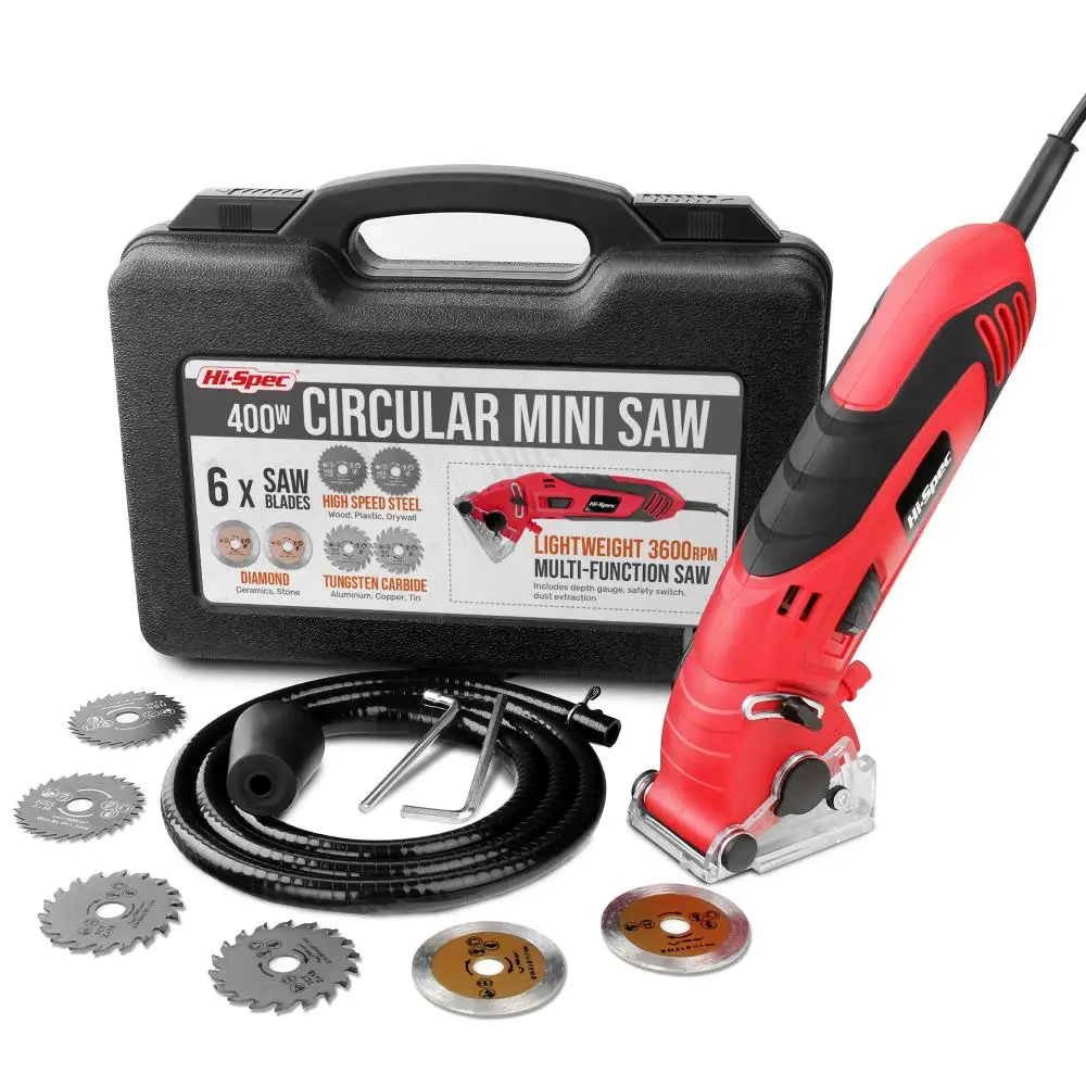 

Hi-spec 400W Mini Circular Saw Muti-Function Electric Saw 6 Blades Power Tools with Depth Guide Blade Guard Dust Tube in BMC Box